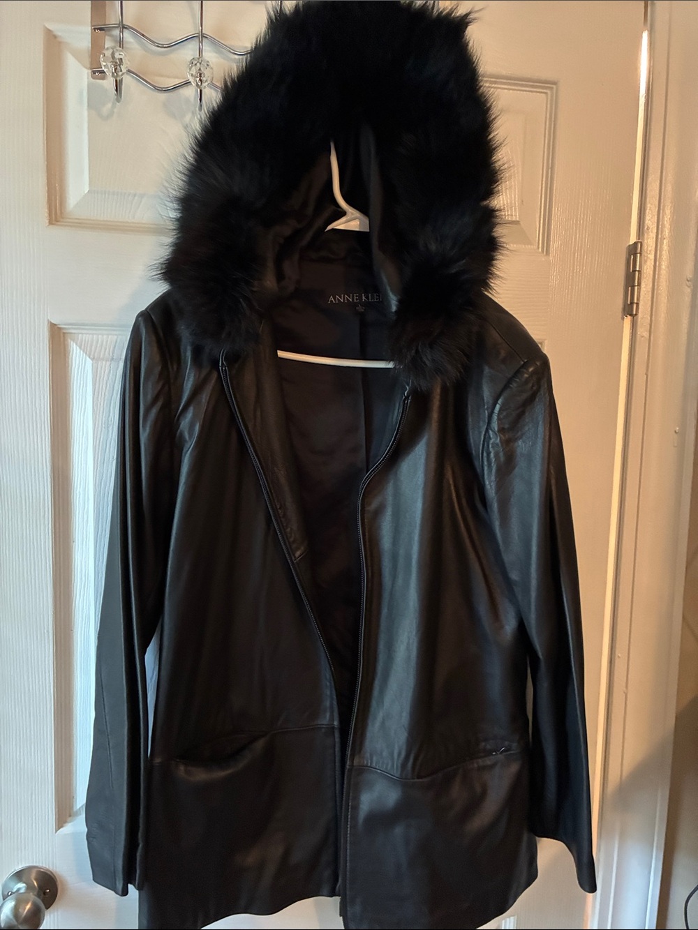 Anne Klein Black Faux Fur-Trim Hooded Leather Coat